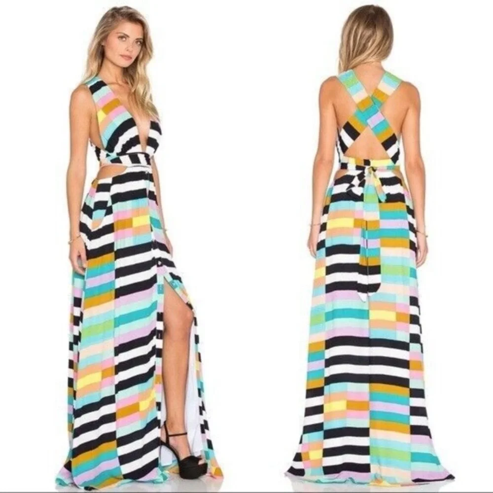Mara Hoffman Striped rainbow multi color striped halter cross back tie Dress - Picture 1 of 7